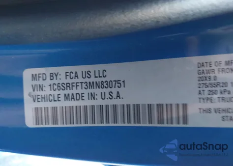 2021 Ram 1500 Big Horn 4X4 5'7 Box из США, поврежденный, VIN 1C6SRFFT3MN830751